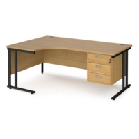Maestro 25 left hand ergonomic desk 1800mm wide with 3 drawer pedestal - black cantilever leg frame and oak top