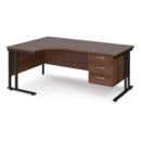 Maestro 25 left hand ergonomic desk 1800mm wide with 3 drawer pedestal - black cantilever leg frame and walnut top