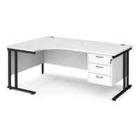 Maestro 25 left hand ergonomic desk 1800mm wide with 3 drawer pedestal - black cantilever leg frame and white top