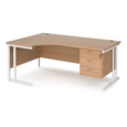 Maestro 25 left hand ergonomic desk 1800mm wide with 3 drawer pedestal - white cantilever leg frame and beech top