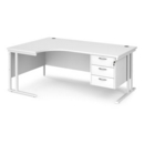 Maestro 25 left hand ergonomic desk 1800mm wide with 3 drawer pedestal - white cantilever leg frame and white top