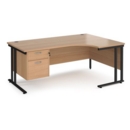 Maestro 25 right hand ergonomic desk 1800mm wide with 2 drawer pedestal - black cantilever leg frame and beech top