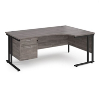 Maestro 25 right hand ergonomic desk 1800mm wide with 2 drawer pedestal - black cantilever leg frame and grey oak top