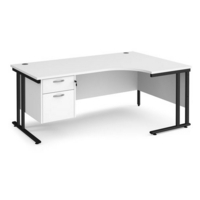 Maestro 25 right hand ergonomic desk 1800mm wide with 2 drawer pedestal - black cantilever leg frame and white top