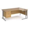 Maestro 25 right hand ergonomic desk 1800mm wide with 2 drawer pedestal - silver cantilever leg frame and oak top