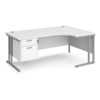 Maestro 25 right hand ergonomic desk 1800mm wide with 2 drawer pedestal - silver cantilever leg frame and white top