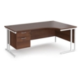 Maestro 25 right hand ergonomic desk 1800mm wide with 2 drawer pedestal - white cantilever leg frame and walnut top