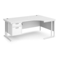 Maestro 25 right hand ergonomic desk 1800mm wide with 2 drawer pedestal - white cantilever leg frame and white top