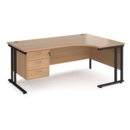 Maestro 25 right hand ergonomic desk 1800mm wide with 3 drawer pedestal - black cantilever leg frame and beech top