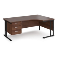 Maestro 25 right hand ergonomic desk 1800mm wide with 3 drawer pedestal - black cantilever leg frame and walnut top