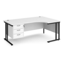 Maestro 25 right hand ergonomic desk 1800mm wide with 3 drawer pedestal - black cantilever leg frame and white top
