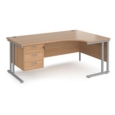 Maestro 25 right hand ergonomic desk 1800mm wide with 3 drawer pedestal - silver cantilever leg frame and beech top