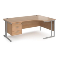 Maestro 25 right hand ergonomic desk 1800mm wide with 3 drawer pedestal - silver cantilever leg frame and beech top
