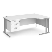 Maestro 25 right hand ergonomic desk 1800mm wide with 3 drawer pedestal - silver cantilever leg frame and white top