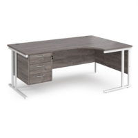 Maestro 25 right hand ergonomic desk 1800mm wide with 3 drawer pedestal - white cantilever leg frame and grey oak top