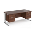 Maestro 25 straight desk 1800mm x 800mm with two x 2 drawer pedestals - silver cantilever leg frame and walnut top