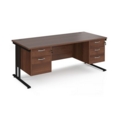 Maestro 25 straight desk 1800mm x 800mm with 2 and 3 drawer pedestals - black cantilever leg frame and walnut top