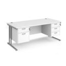 Maestro 25 straight desk 1800mm x 800mm with 2 and 3 drawer pedestals - silver cantilever leg frame and white top
