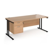 Maestro 25 straight desk 1800mm x 800mm with 2 drawer pedestal - black cantilever leg frame and beech top
