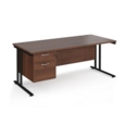 Maestro 25 straight desk 1800mm x 800mm with 2 drawer pedestal - black cantilever leg frame and walnut top