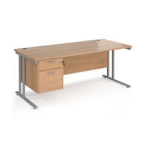 Maestro 25 straight desk 1800mm x 800mm with 2 drawer pedestal - silver cantilever leg frame and beech top
