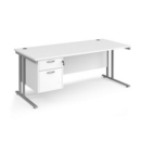 Maestro 25 straight desk 1800mm x 800mm with 2 drawer pedestal - silver cantilever leg frame and white top