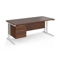 Maestro 25 straight desk 1800mm x 800mm with 2 drawer pedestal - white cantilever leg frame and walnut top