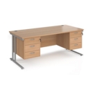 Maestro 25 straight desk 1800mm x 800mm with two x 3 drawer pedestals - silver cantilever leg frame and beech top