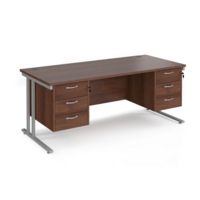 Maestro 25 straight desk 1800mm x 800mm with two x 3 drawer pedestals - silver cantilever leg frame and walnut top