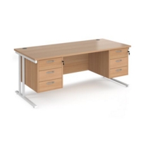 Maestro 25 straight desk 1800mm x 800mm with two x 3 drawer pedestals - white cantilever leg frame and beech top