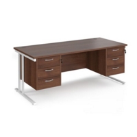 Maestro 25 straight desk 1800mm x 800mm with two x 3 drawer pedestals - white cantilever leg frame and walnut top