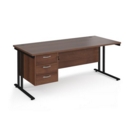 Maestro 25 straight desk 1800mm x 800mm with 3 drawer pedestal - black cantilever leg frame and walnut top