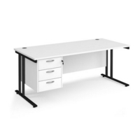 Maestro 25 straight desk 1800mm x 800mm with 3 drawer pedestal - black cantilever leg frame and white top