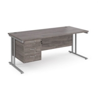 Maestro 25 straight desk 1800mm x 800mm with 3 drawer pedestal - silver cantilever leg frame and grey oak top