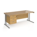 Maestro 25 straight desk 1800mm x 800mm with 3 drawer pedestal - silver cantilever leg frame and oak top