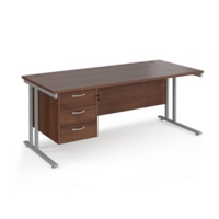 Maestro 25 straight desk 1800mm x 800mm with 3 drawer pedestal - silver cantilever leg frame and walnut top