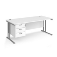 Maestro 25 straight desk 1800mm x 800mm with 3 drawer pedestal - silver cantilever leg frame and white top