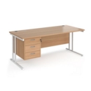 Maestro 25 straight desk 1800mm x 800mm with 3 drawer pedestal - white cantilever leg frame and beech top