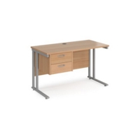Maestro 25 straight desk 1200mm x 600mm with 2 drawer pedestal - silver cantilever leg frame and beech top