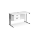 Maestro 25 straight desk 1200mm x 600mm with 2 drawer pedestal - silver cantilever leg frame and white top