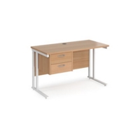 Maestro 25 straight desk 1200mm x 600mm with 2 drawer pedestal - white cantilever leg frame and beech top