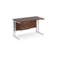Maestro 25 straight desk 1200mm x 600mm with 2 drawer pedestal - white cantilever leg frame and walnut top
