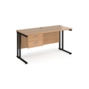 Maestro 25 straight desk 1400mm x 600mm with 2 drawer pedestal - black cantilever leg frame and beech top