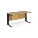 Maestro 25 straight desk 1400mm x 600mm with 2 drawer pedestal - black cantilever leg frame and oak top