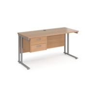 Maestro 25 straight desk 1400mm x 600mm with 2 drawer pedestal - silver cantilever leg frame and beech top