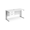 Maestro 25 straight desk 1400mm x 600mm with 2 drawer pedestal - silver cantilever leg frame and white top