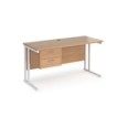 Maestro 25 straight desk 1400mm x 600mm with 2 drawer pedestal - white cantilever leg frame and beech top