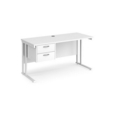 Maestro 25 straight desk 1400mm x 600mm with 2 drawer pedestal - white cantilever leg frame and white top
