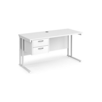 Maestro 25 straight desk 1400mm x 600mm with 2 drawer pedestal - white cantilever leg frame and white top