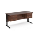 Maestro 25 straight desk 1600mm x 600mm with two x 2 drawer pedestals - black cantilever leg frame and walnut top